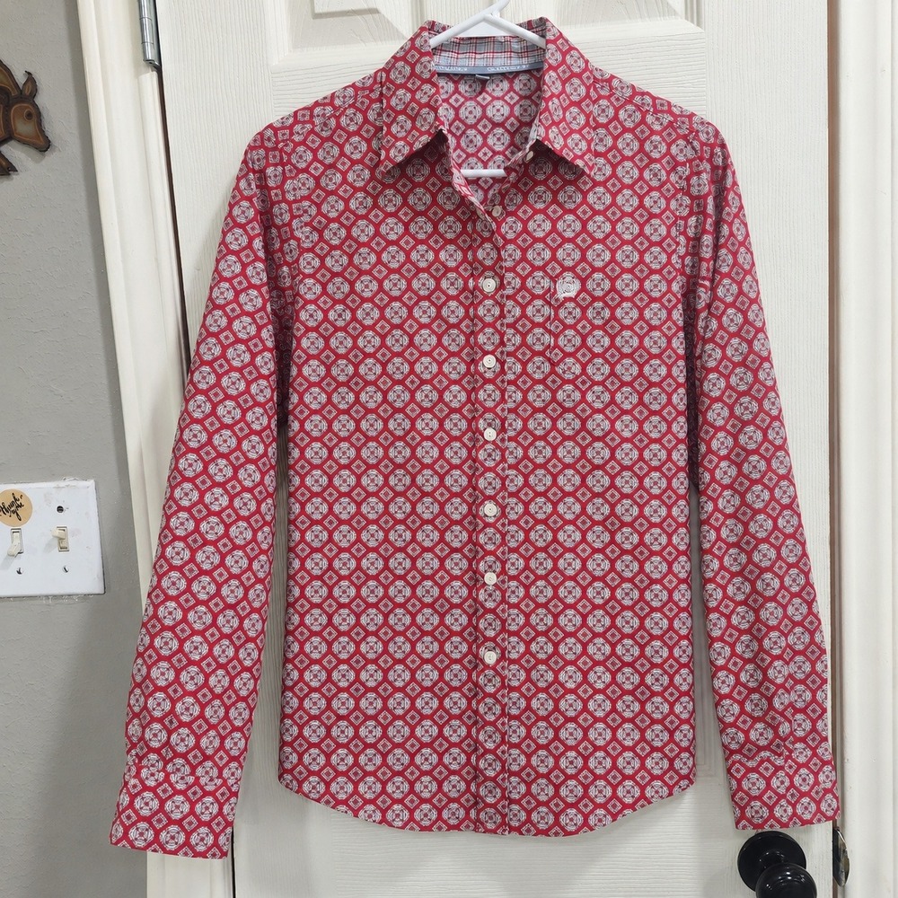 Cinch Womens Red Geometric Medallion Cotton Button Down Western Shirt Size M